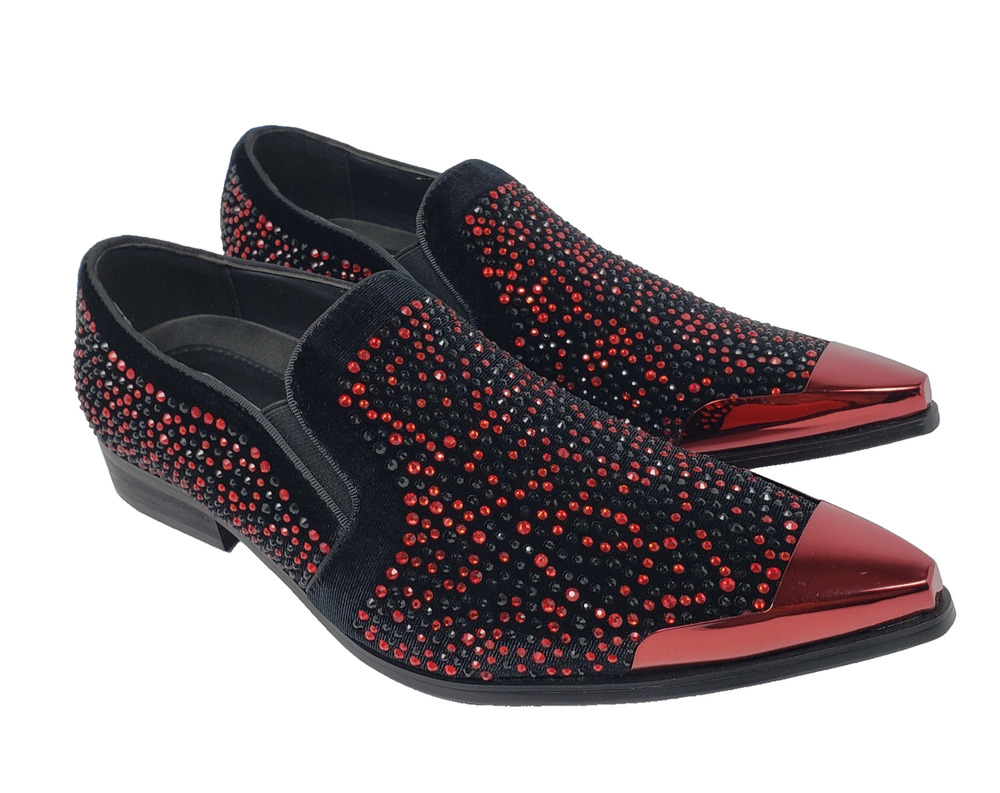 Bolano Desta Mens Size 9 Black Red Fashion Rhinestone Slip On Dress Loafer Shoes